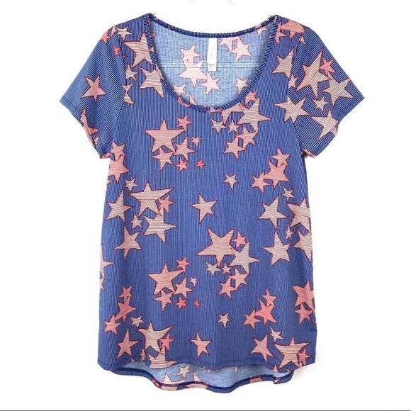 LuLaRoe Classic T Blue Red Striped Star Print Top - Picture 6 of 6